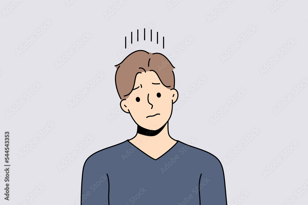 Unhappy young man suffer from repetitive thoughts in head. Upset distressed guy struggle with depression or bad mood. Vector illustration. Unhappy young man suffer from repetitive thoughts in head. Upset distressed guy struggle with depression or bad mood. Vector illustration.