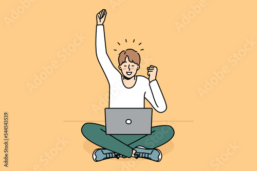 Excited young man use laptop triumph with good news or message online. Happy guy feel emotional celebrate success or promotion. Vector illustration. 