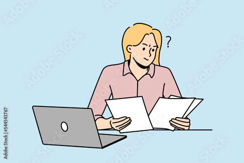 Frustrated woman working with paperwork busy at laptop. Confused female employee consider documents at workplace. Vector illustration.  © Dzianis Vasilyeu
