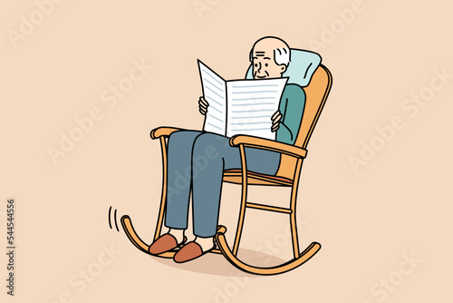 Elderly man sit in rocking chair reading newspaper. Old grey-haired grandfather relax in armchair enjoy press. Happy calm maturity. Vector illustration. 