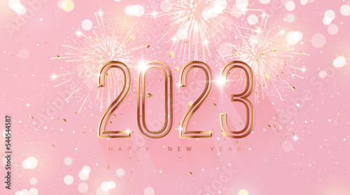 Happy new year 2023 holiday background with 3d numbers 2023, fireworks and Christmas lights in pink and gold colors. Vector illustration