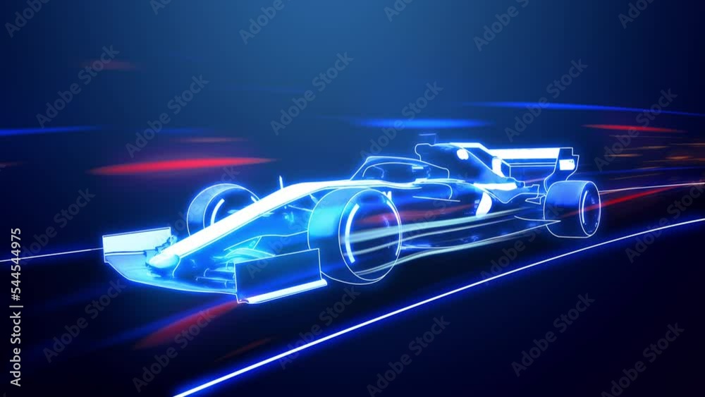 Abstract animation of a futuristic blue formula 1 speed in 4K UHD, cgi made with wireframes on an animated futuristic to highlight the automobile and it's technology and engineering 3D rendering