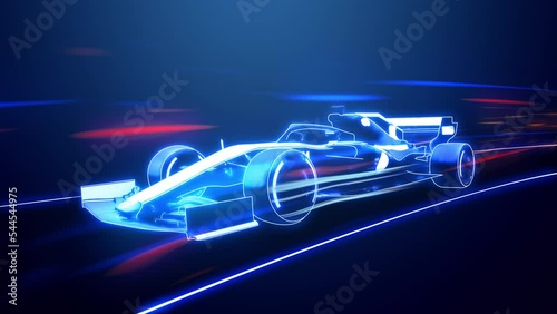 Abstract animation of a futuristic blue formula 1 speed in 4K UHD, cgi made with wireframes on an animated futuristic to highlight the automobile and it's technology and engineering 3D rendering