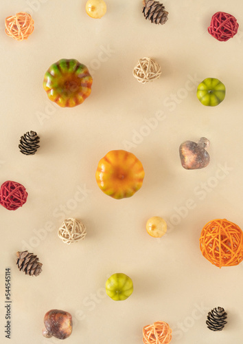 Thanksgiving pattern with autumn pumpkin, mushrooms, apple and pinecone. Minimal celebrate concept.