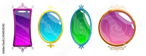 Set of magic mirrors isolated on white background. rpg fantasy game assets and equipment, Cartoon vector illustration