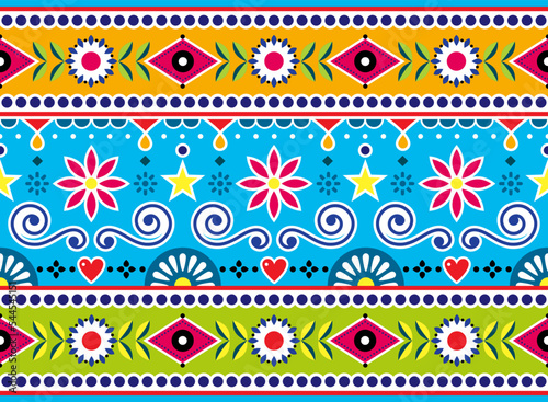 Pakistani and Indian seamless vector pattern, jingle truck art design, vibrant long horizontal ornament with flowers and abstract shapes
 