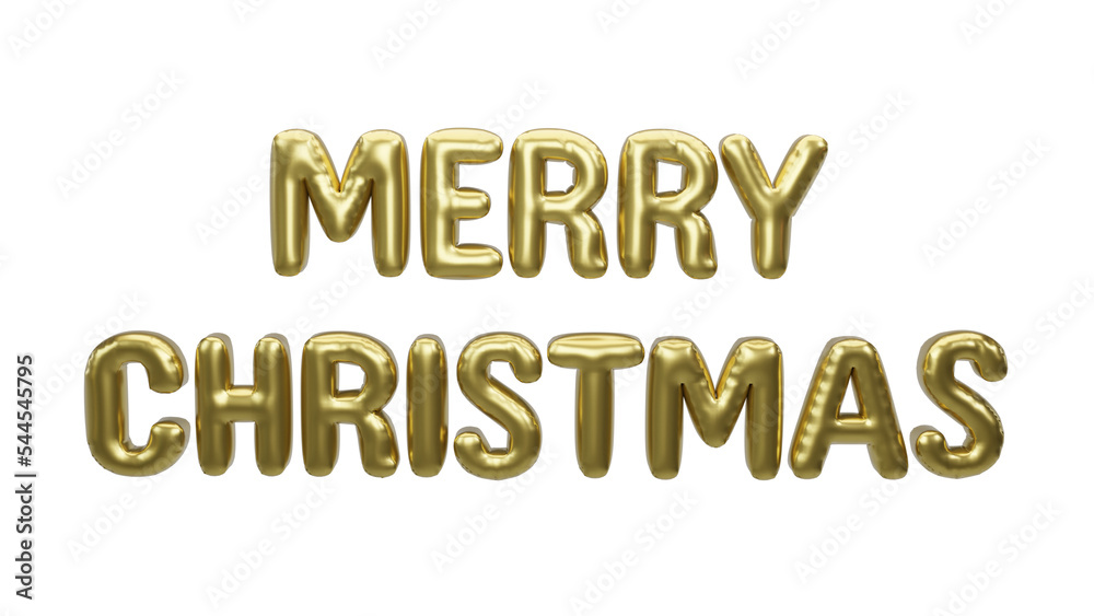 Merry Christmas Text for Christmas and New Year festival Metallic gold foil balloons. 3D render Golden Helium balloons.