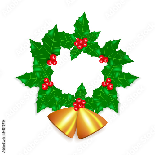 Christmas wreath of holly leaves, berries and golden bells. Round Christmas frame with ilex aquifolium green leaves and red berries. Christmas winter pattern decor. Xmas illustration