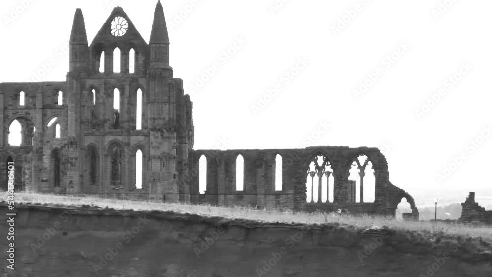 Whitby Abbey Profile Aerial View From Sea Side Church Ruins Cathedral Historic Building Black And White Whitby Abbey Profile Aerial View From Sea Side Church Ruins Cathedral Historic Building Black And White