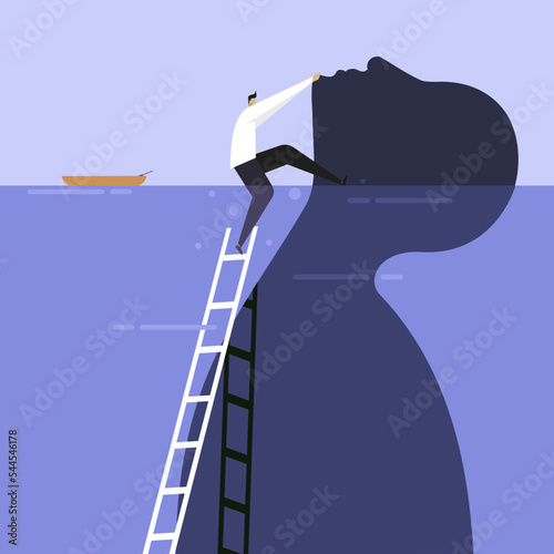 Illustration of a man escaping from water by climbing a huge human figure
