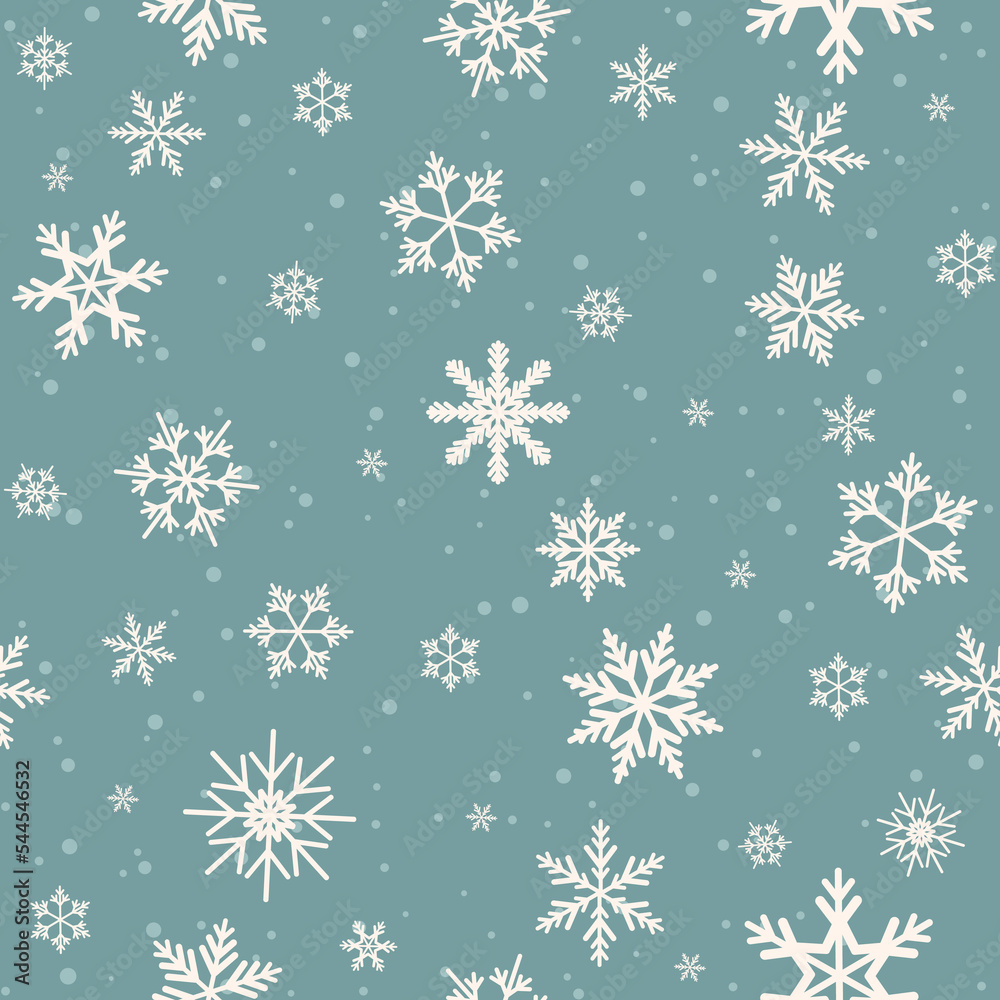 Winter seamless pattern with flat white snowflakes on aquamarine blue background