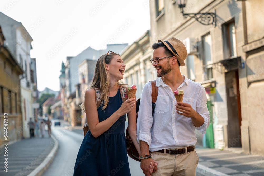 Portrait of happy couple having date and fun on vacation. People travel happiness concept.