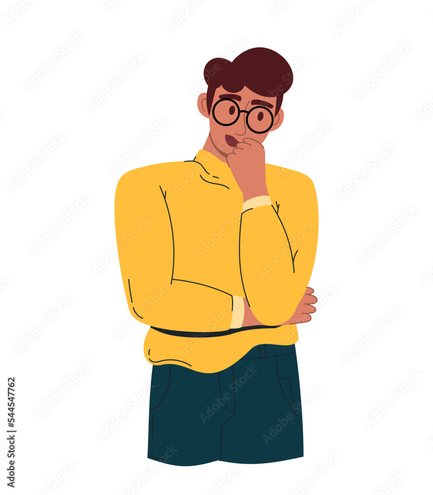 A young handsome man in doubt. In a yellow shirt and green trousers. Vector illustration of a flat isolated white background A young handsome man in doubt. In a yellow shirt and green trousers. Vector illustration of a flat isolated white background