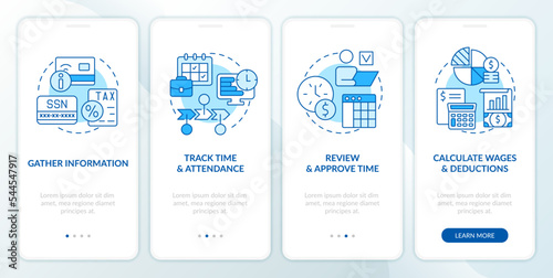 Payroll processing stages blue onboarding mobile app screen. Wage walkthrough 4 steps editable graphic instructions with linear concepts. UI, UX, GUI template. Myriad Pro-Bold, Regular fonts used
