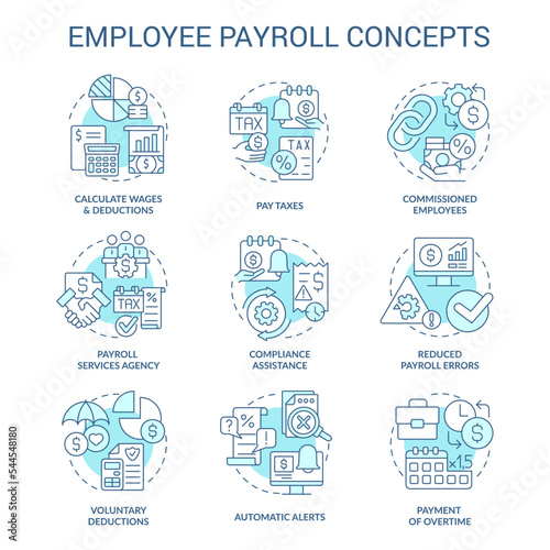 Employee payroll turquoise concept icons set. Worker salary for job. Compensation idea thin line color illustrations. Isolated symbols. Editable stroke. Roboto-Medium, Myriad Pro-Bold fonts used