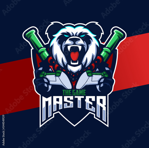 panda mascot e-sport logo design with master style character for gamer and sport