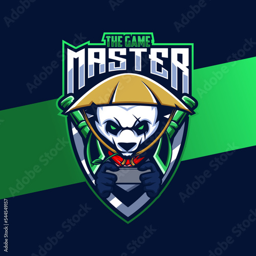 panda mascot e-sport logo design with master style character for gamer and sport