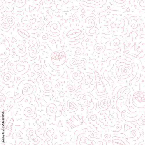 doodle pattern for baby girl in pink color, cosmetics background for princesses