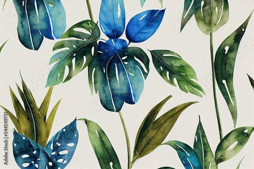 Hand drawn watercolor tropical plants . Exotic palm leaves, jungle tree, brazil tropic botany elements and flowers. Perfect for fabric design. Aloha collection. photo