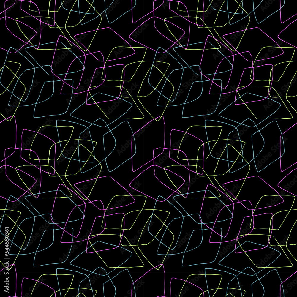 Abstract geometric pattern with doodle multicolored rhombuses on dark black background.