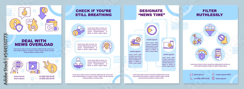 Deal with news overload brochure template. Mental health. Leaflet design with linear icons. Editable 4 vector layouts for presentation, annual reports. Arial-Black, Myriad Pro-Regular fonts used