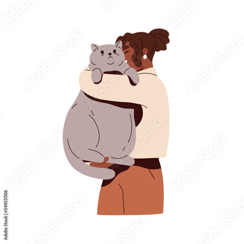 Cat owner holding fat chubby kitty in arms. Happy black woman hugging, cuddling cute big huge heavy feline animal. Person and pet love. Flat graphic vector illustration isolated on white background
