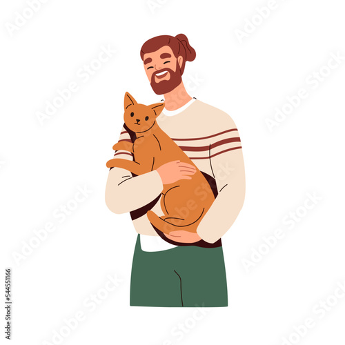 Wallpaper Mural Happy cat owner, man holding adorable funny kitty in arms