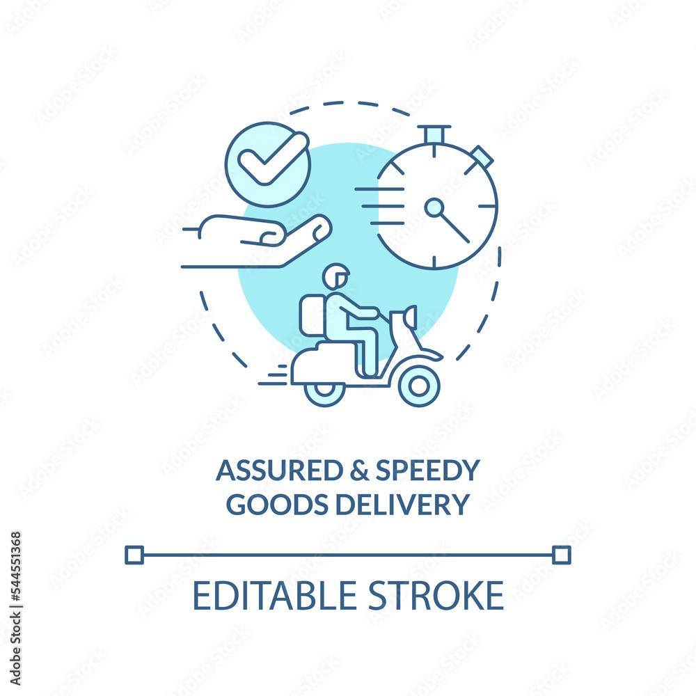 Assured and speedy goods delivery turquoise concept icon. Quick postal service abstract idea thin line illustration. Isolated outline drawing. Editable stroke. Arial, Myriad Pro-Bold fonts used Assured and speedy goods delivery turquoise concept icon. Quick postal service abstract idea thin line illustration. Isolated outline drawing. Editable stroke. Arial, Myriad Pro-Bold fonts used