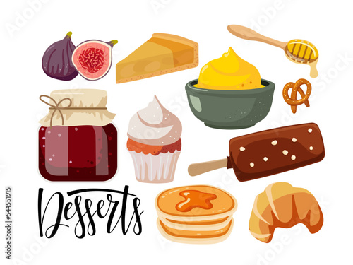 Desserts. Desserts text isolated. Different kinds of desserts. Ice cream, pastries, fruits, sweetness. Hand written brush Lettering. Flet vector illustration for kitchen, store, Desserts menu