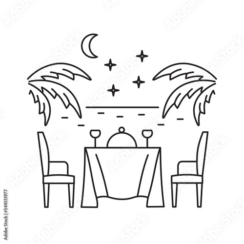 Evening romantic dinner for two against the backdrop of the ocean and palm trees. Rest and vacation. Linear icon on a white background.