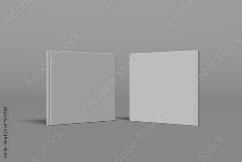 2 hardcover realistic square book mockups. 3d realistic render of hard cover book mockup. Books standing on isolated gray background.