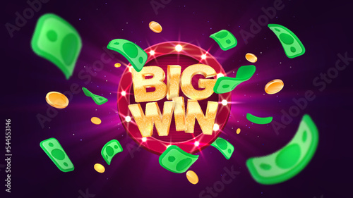 Big win gold text on retro red board vector banner. Winning congratulations in frame illustration for casino or online games. Explosion money on purple background.