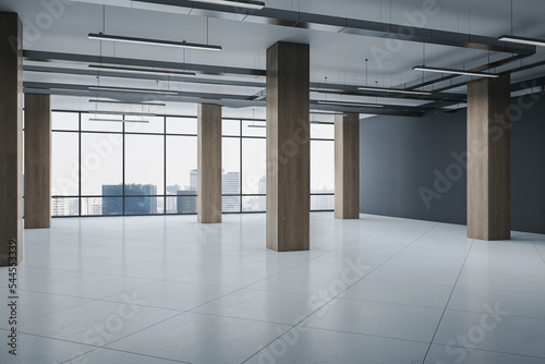 Clean spacious concrete and wooden museum interior with panoramic windows and city view. 3D Rendering.
