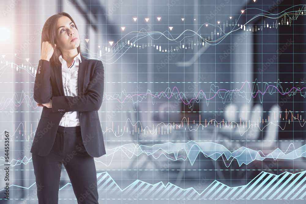 businesswoman with candle stick grid graph chart of stock market investment trading. Bullish point, Bearish point and financial growth concept. Blurry office interior background. Double exposure. businesswoman with candle stick grid graph chart of stock market investment trading. Bullish point, Bearish point and financial growth concept. Blurry office interior background. Double exposure.