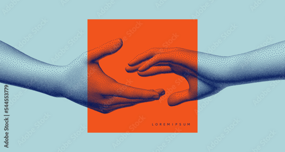 Hands reaching towards each other. Concept of human relation, togetherness or  partnership. 3D vector illustration. Design for banner, flyer, poster, cover or brochure. - obrazy, fototapety, plakaty 