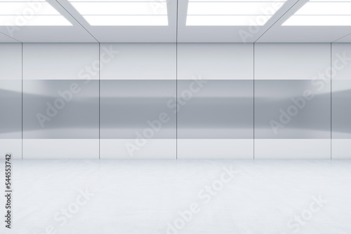 Front view on blank white and light grey glossy wall with place for your advertising poster or campaign in abstract empty tunnel area. 3D rendering, mock up