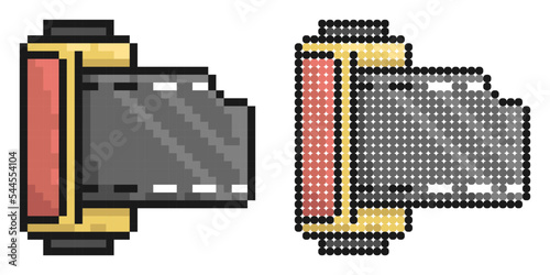 Pixel icon. Cylinder with old 35 mm photo film. World Photography Day August 19th. Simple retro game vector isolated on white background