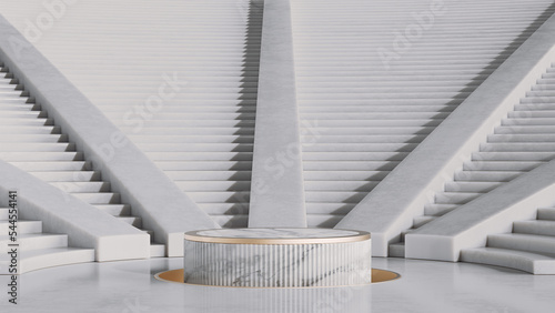 Minimal abstract cosmetic background for product presentation. White marble product display podium and curved steps. 3D rendering illustration. (ID: 544554141)
