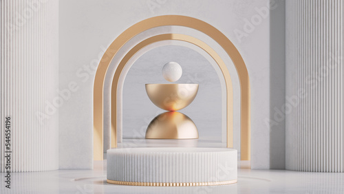 Background for cosmetic product branding with abstract golden sculpture and white marble product podium. 3d rendering illustration. (ID: 544554196)