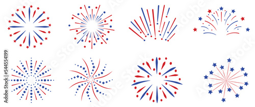 Set of new year firework vector illustration. Collection of blue and red fireworks, star burst on white background. Art design suitable for decoration, print, poster, banner, wallpaper, card, cover.