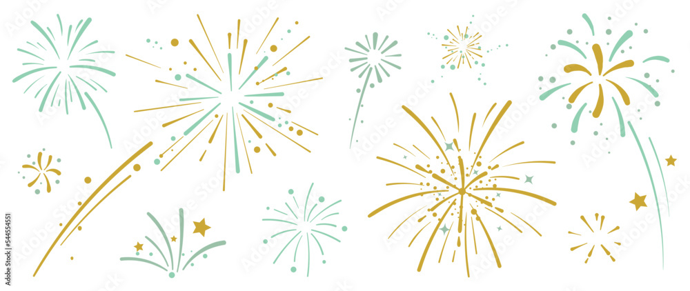 Set of new year firework vector illustration. Collection of golden, light green, grey fireworks on white background. Art design suitable for decoration, print, poster, banner, wallpaper, card, cover.  - obrazy, fototapety, plakaty 
