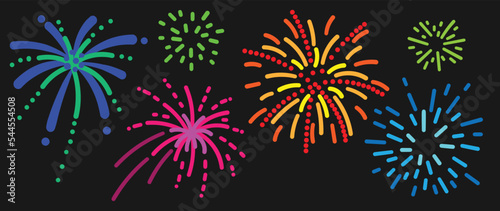 Set of new year firework vector illustration. Collection of glow vibrant colorful fireworks on black background. Art design suitable for decoration, print, poster, banner, wallpaper, card, cover. 