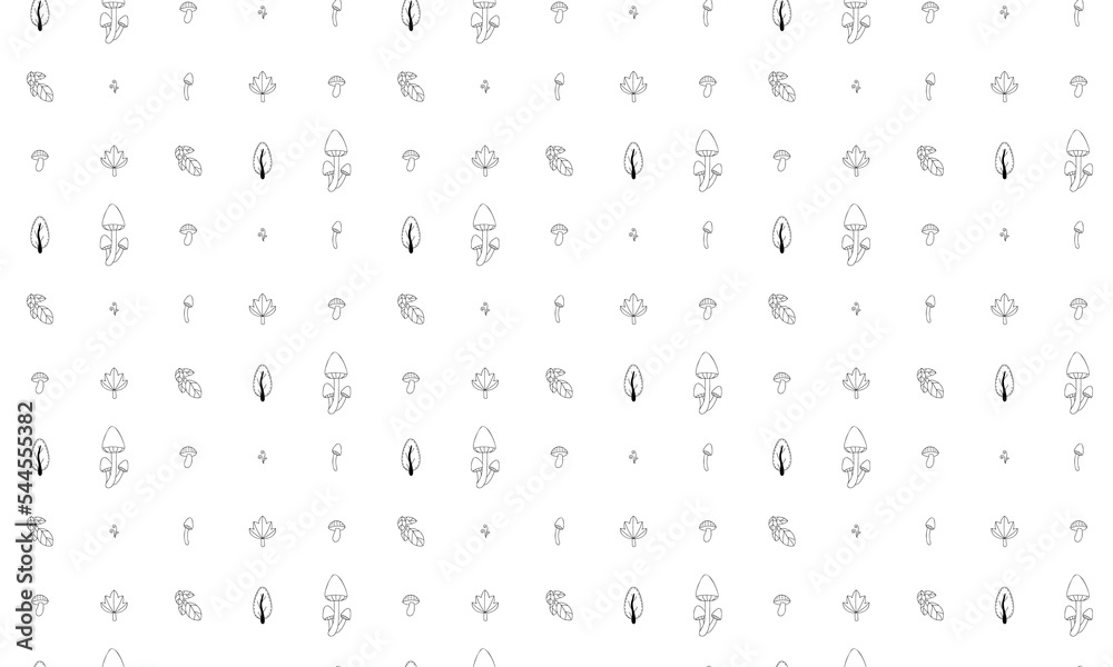 Hand drawn vector illustration. Seamless background for wrapping paper, baby clothes, cover design, interior.Abstract black patterns on a white background with mushrooms and leaves. Hand drawn vector illustration. Seamless background for wrapping paper, baby clothes, cover design, interior.Abstract black patterns on a white background with mushrooms and leaves.