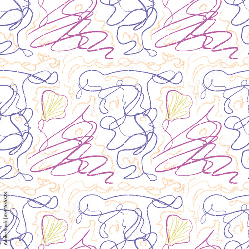 Abstract background with spiral lines and a shell in pink, purple, gold colors. Repeating pattern in vector format