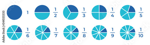 Vector illustration of fraction pie isolated on white background. Set of fractions icons. Math and geometry symbols. Education material.