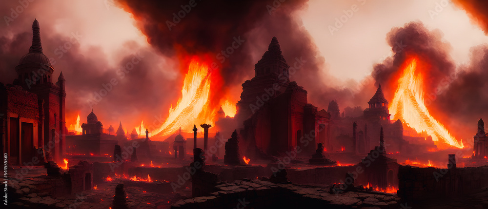Artistic concept illustration of a old ancient city in flame, background illustration. Artistic concept illustration of a old ancient city in flame, background illustration.