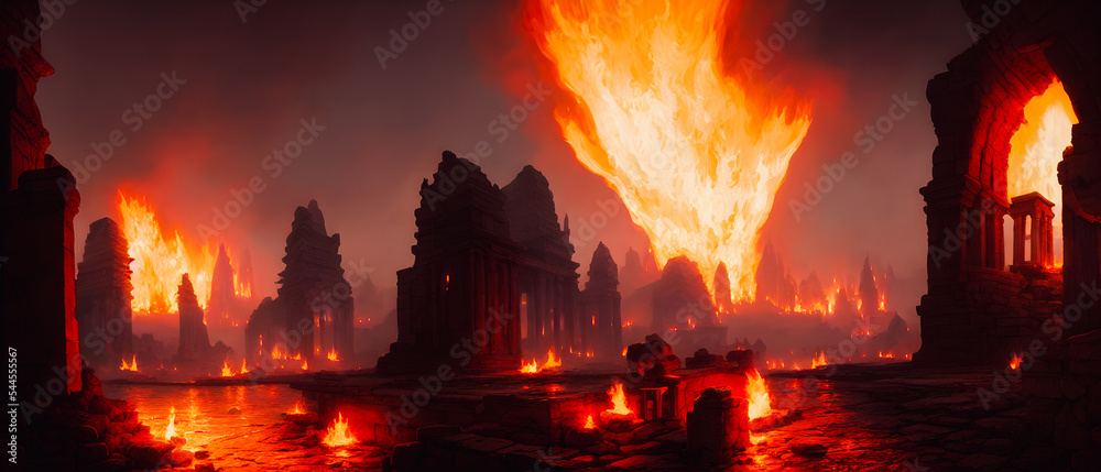 Artistic concept illustration of a old ancient city in flame, background illustration. Artistic concept illustration of a old ancient city in flame, background illustration.