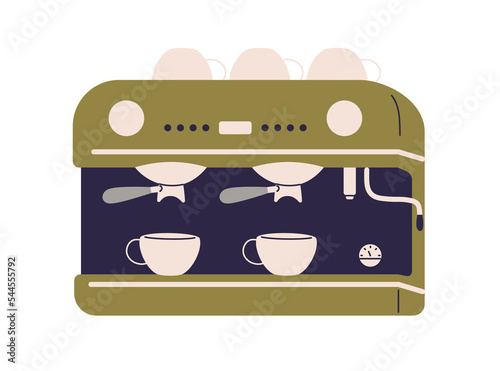 Professional coffee making machine. Commercial espresso maker, barista equipment for cafe. Brewing appliance with portafilter, grinder, cups. Flat vector illustration isolated on white background