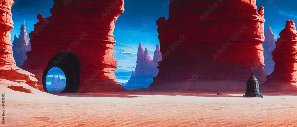 Artistic concept of painting a beautiful landscape of wild desert nature, background illustration, tender and dreamy design.  - obrazy, fototapety, plakaty 
