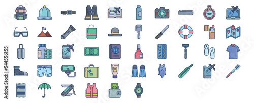 Collection of icons related to Travel accessories, including icons like Backpack, Beanie, Book, Camera and more. vector illustrations, Pixel Perfect set